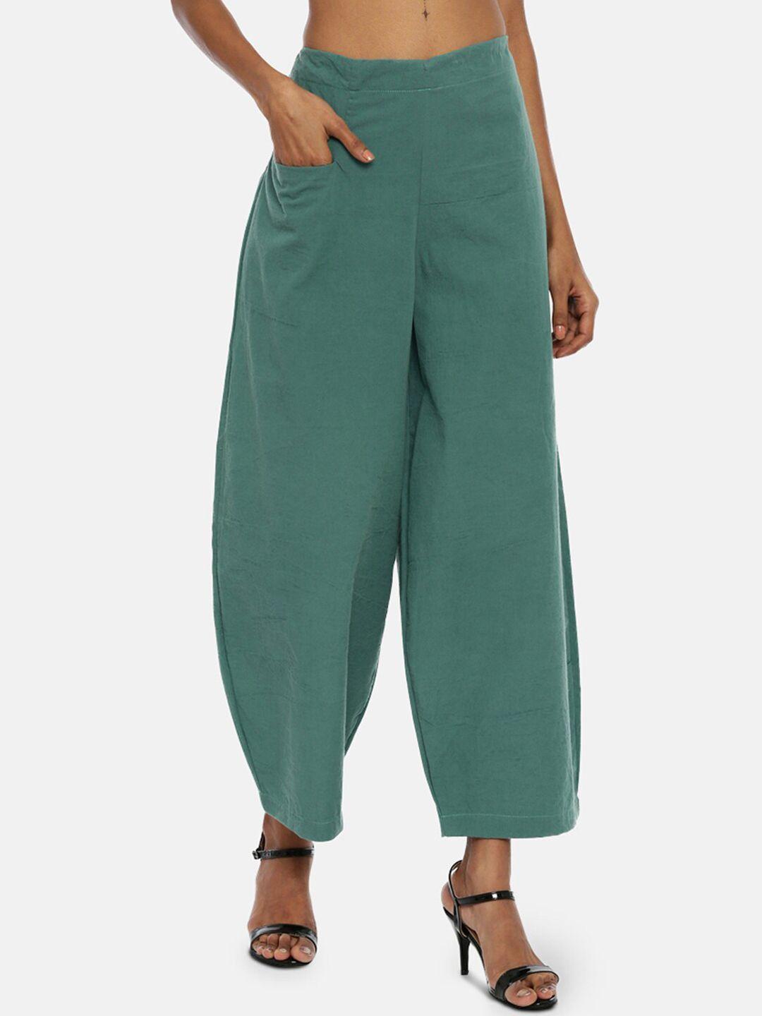 grass by gitika goyal women solid green parallel trousers