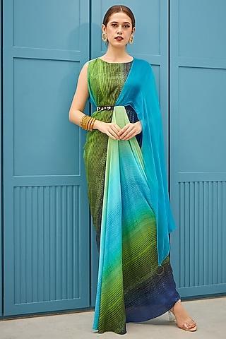 grass green & medium turquoise printed draped dress