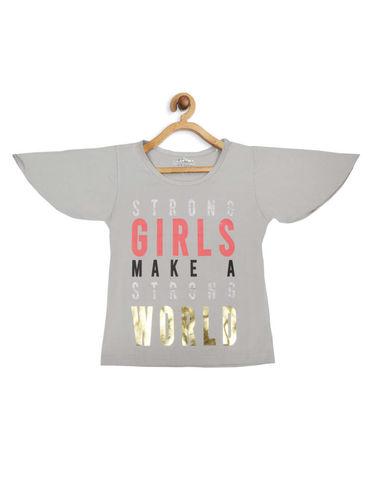 gray colour round neck top with foil print