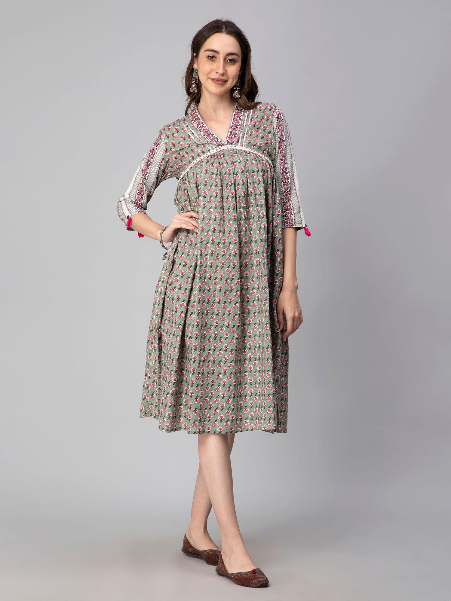 gray cotton printed flared long dress