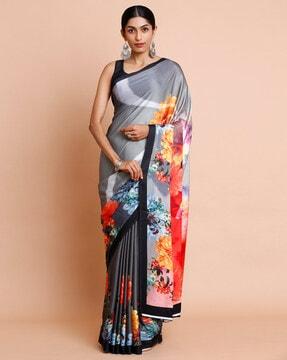 gray saree with floral prints saree