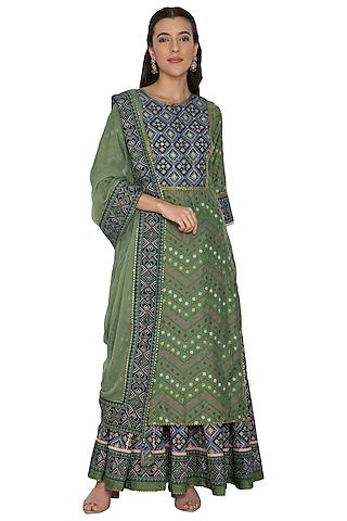 green & blue printed kurta set for girls