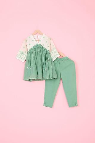 green & off-white pure chanderi hand block polka dot printed gathered kurta set for girls