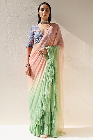 green & peach chiffon ombre pre-draped ruffled saree set