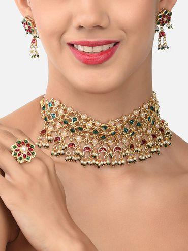 green & pink kundan embellished choker necklace earring & ring set-zpfk11478