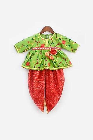 green & red embroidered dhoti set for girls