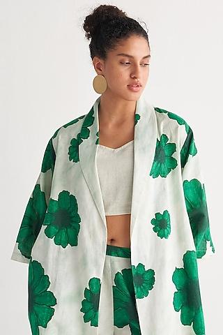 green & white cotton linen printed top with belt