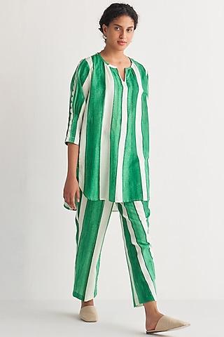 green & white cotton linen printed tunic set