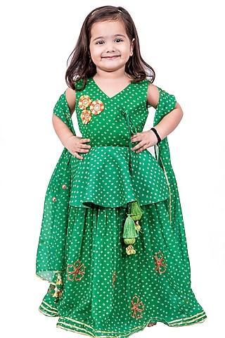 green bandhani printed lehenga set for girls