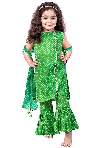 green bandhani printed sharara set for girls