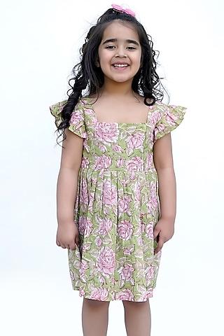 green block printed dress for girls