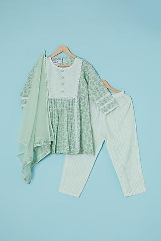 green cambric cotton printed kurta set for girls