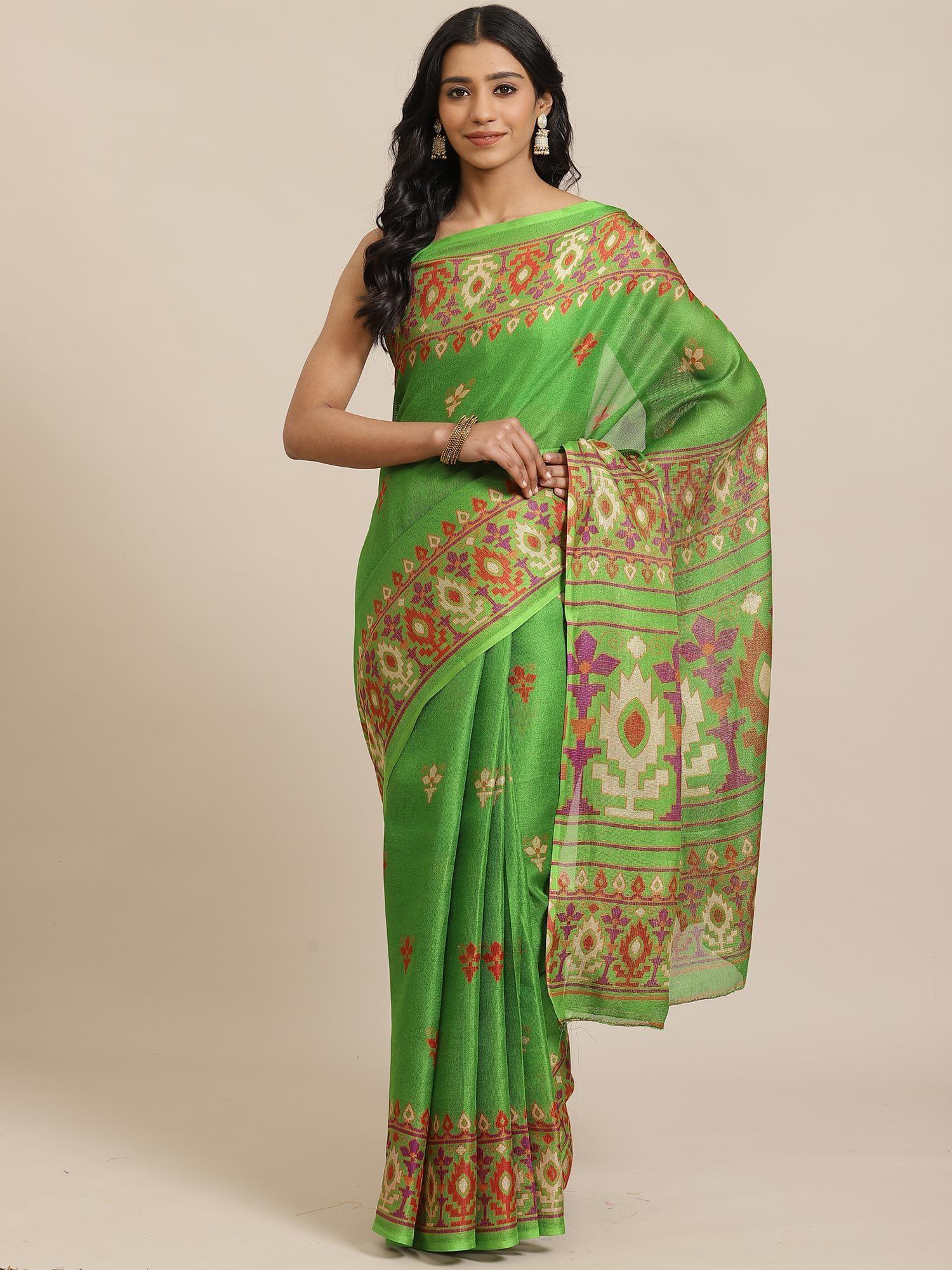 green casual jutt silk printed saree with unstitched blouse