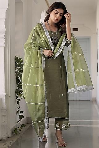 green chanderi embroidered kurta set