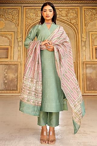 green chanderi mukaish embroidered kurta set