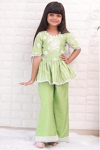 green chanderi silk embroidered kurta set for girls