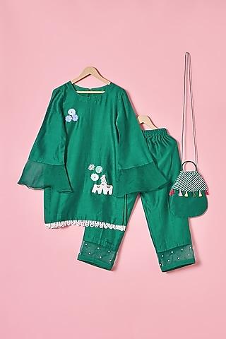 green chanderi silk lama hand embroidered kurta set for girls