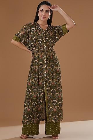 green chiffon floral digital printed & embellished tunic set