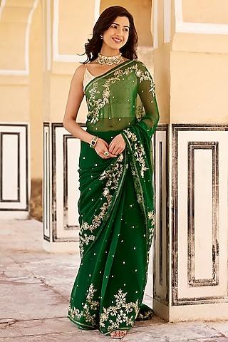 green chiffon hand embroidered saree set