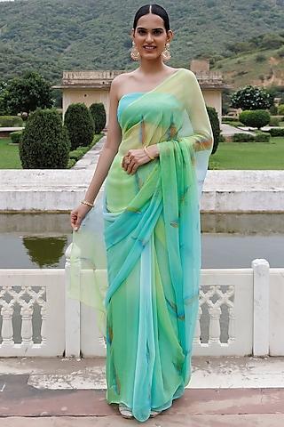 green chiffon hand-painted saree set