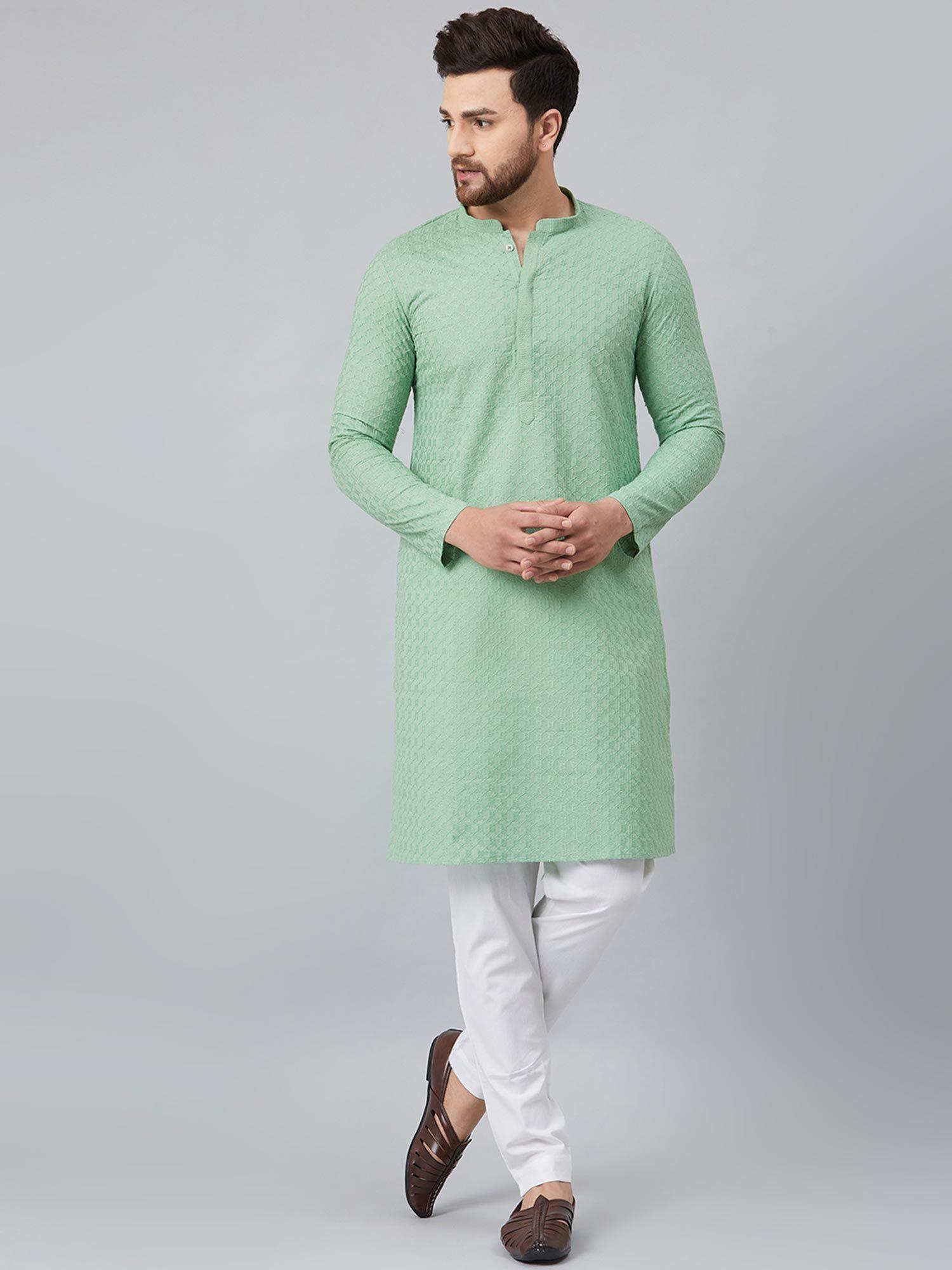 green chikankari embroidered woven design straight kurta