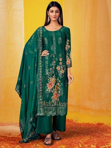 green chinon chiffon floral print dress material (set of 3)