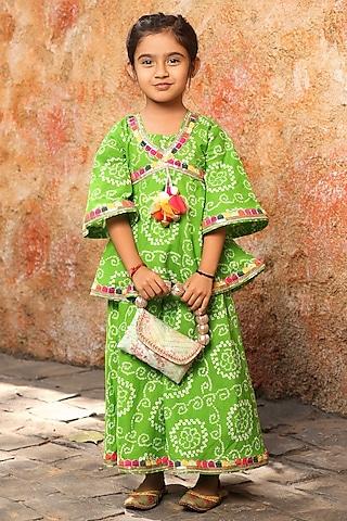 green cotton bandhej printed sharara set for girls