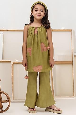 green cotton chanderi pant set for girls