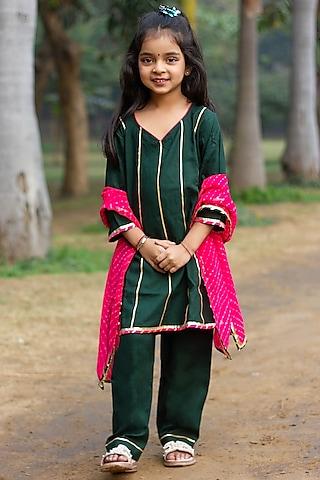 green cotton embellished kurta set for girls