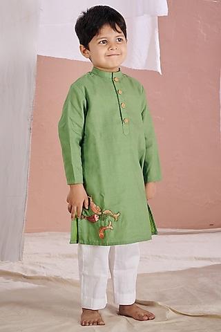 green cotton embroidered kurta set for boys