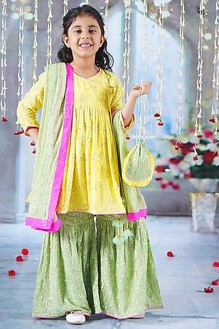 green cotton floral embroidered sharara set for girls