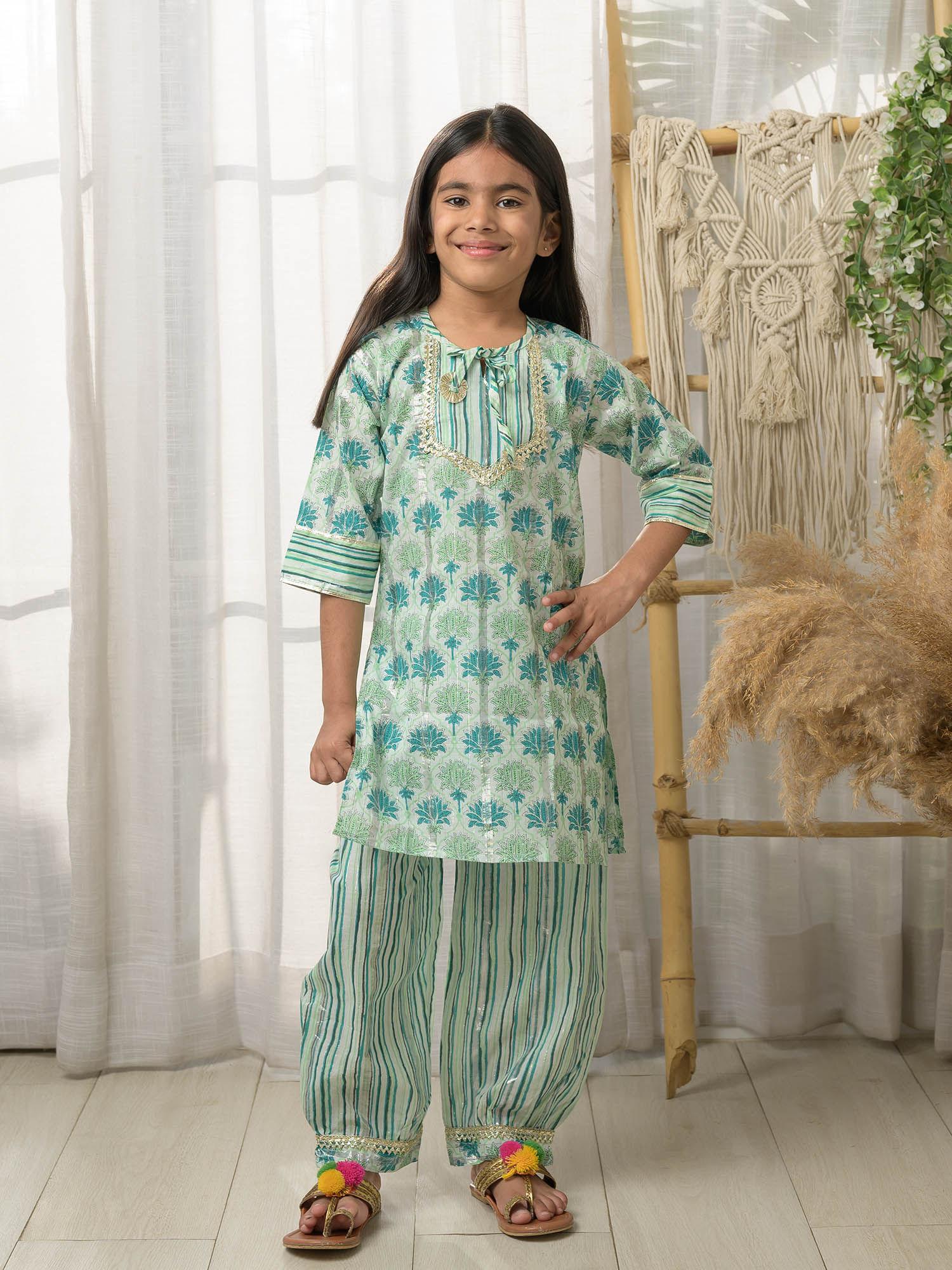green cotton floral print kurta with afghan pants (set of 2)