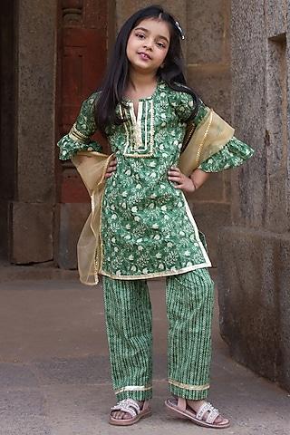 green cotton floral printed & embellished kurta set for girls