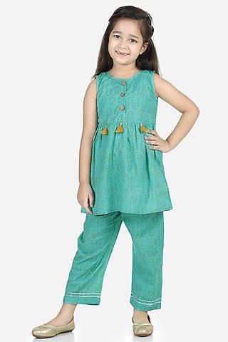green cotton kurta set for girls