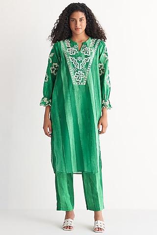 green cotton linen printed & embroidered tunic set