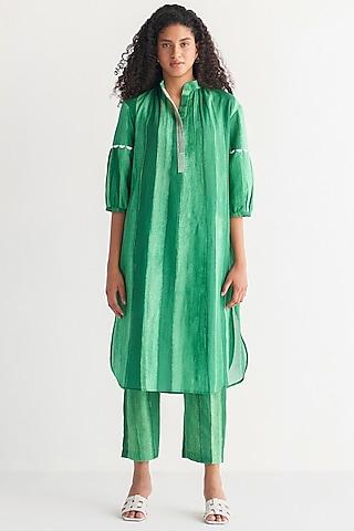 green cotton linen printed tunic set