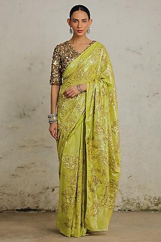 green cotton lurex metallic hand embroidered saree set