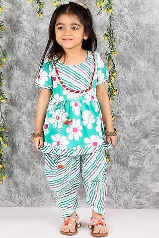 green cotton printed kurta set for girls