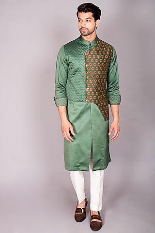 green cotton satin & chanderi silk printed jacket kurta set