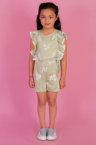 green cotton satin lace jumpsuit for girls