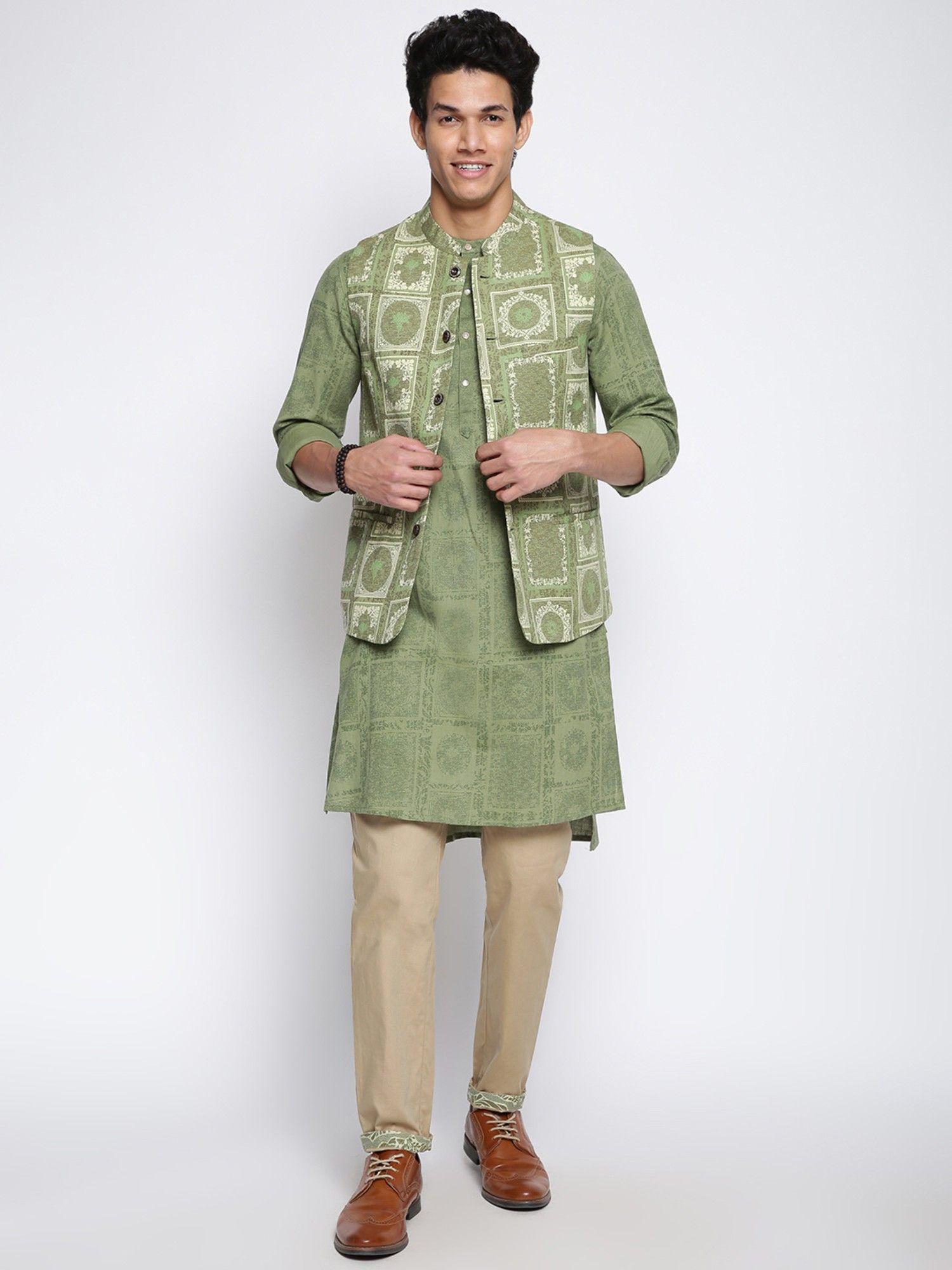 green cotton slim fit printed kurta (set of 2)