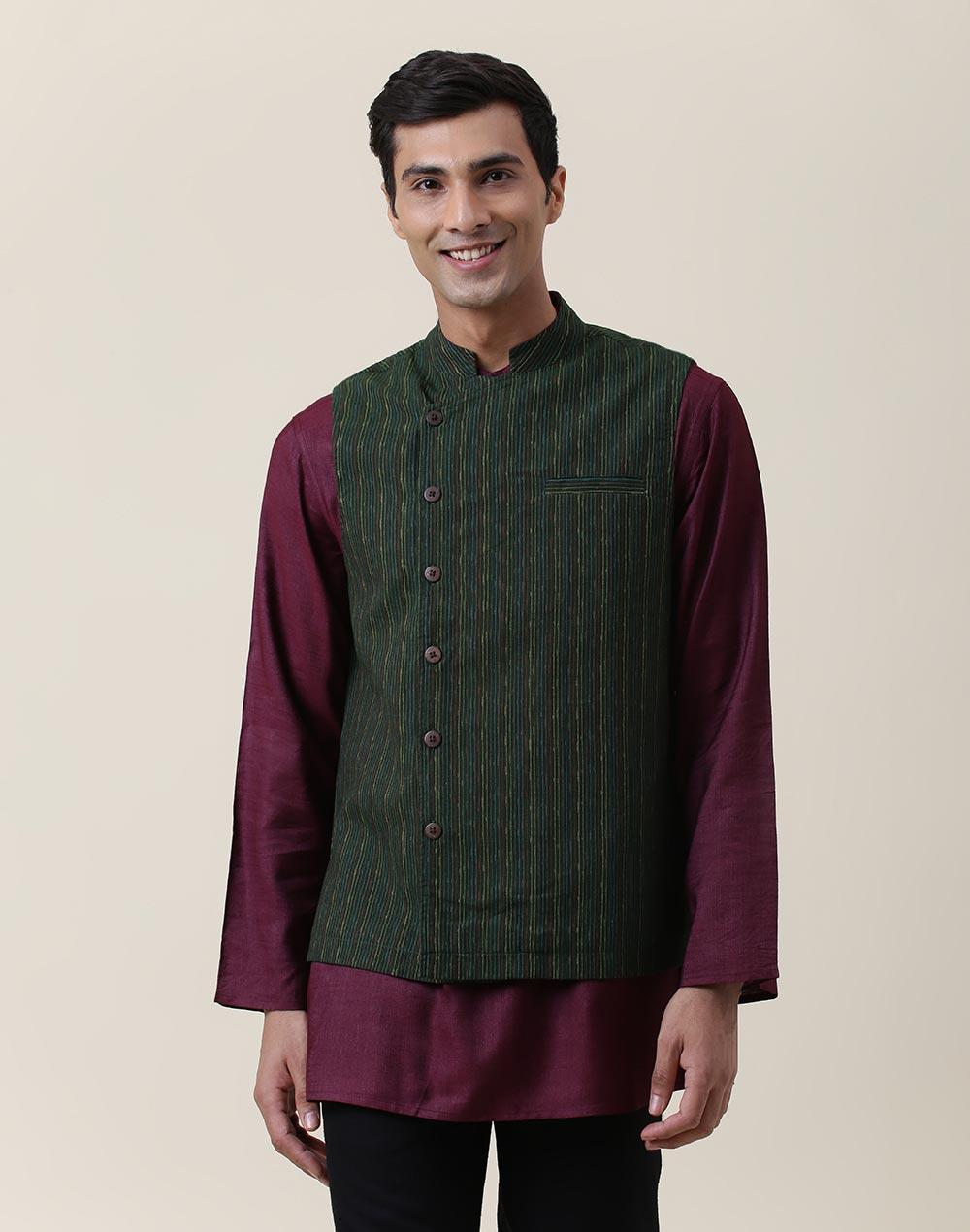 green cotton woven nehru jacket