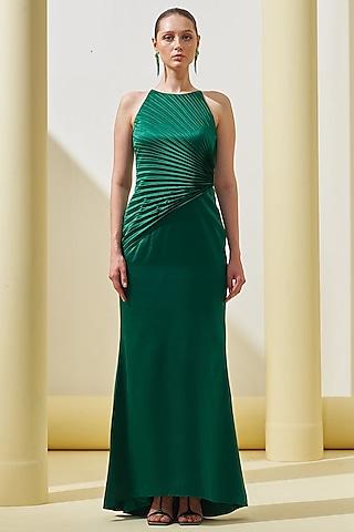 green crepe draped gown