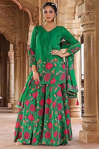 green crepe silk floral printed & sequins embellished kurta set