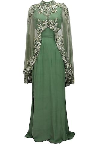 green cutout goddess gown with embroidered high low sheer cape