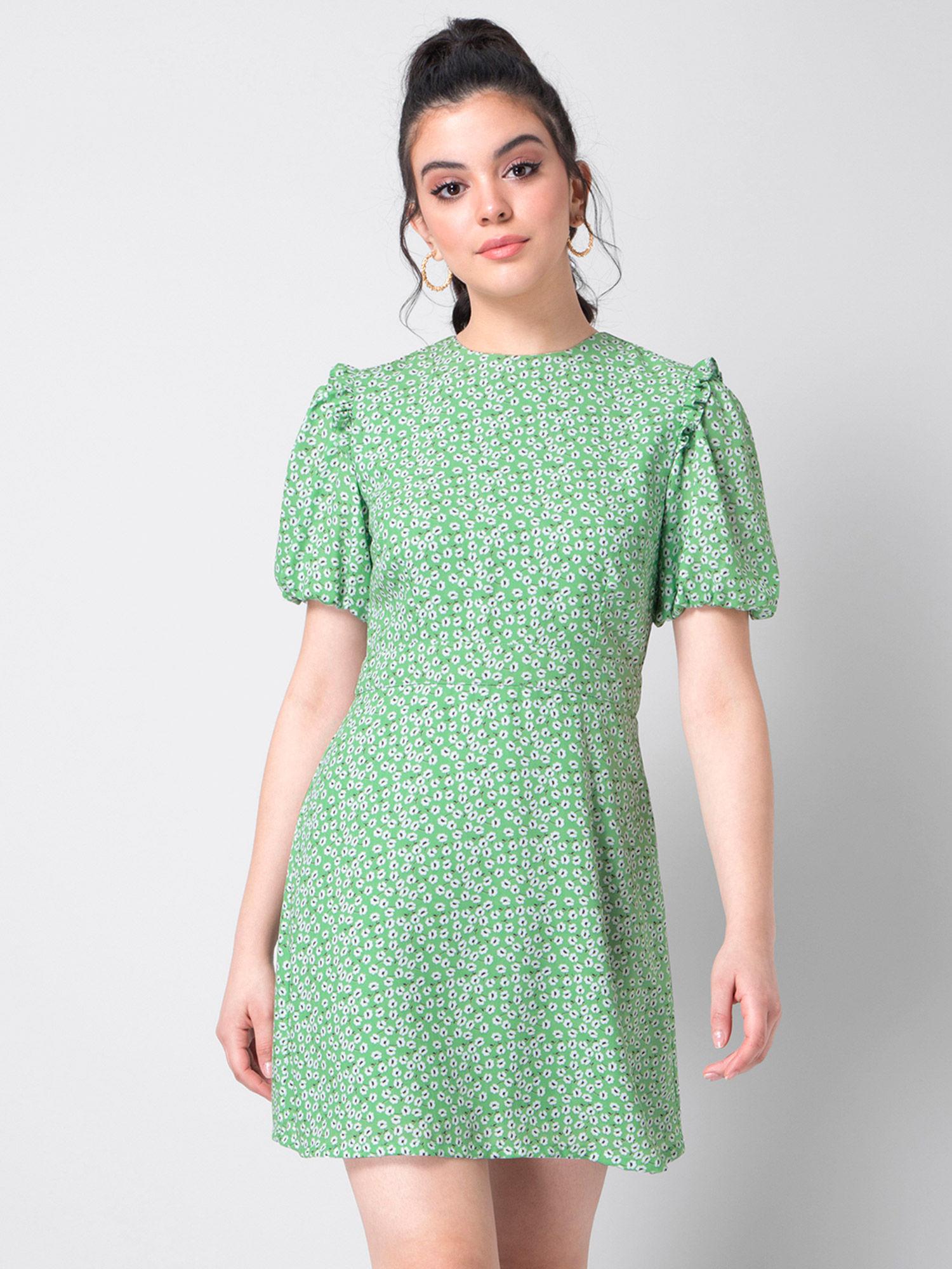 green ditsy floral cut out back dress