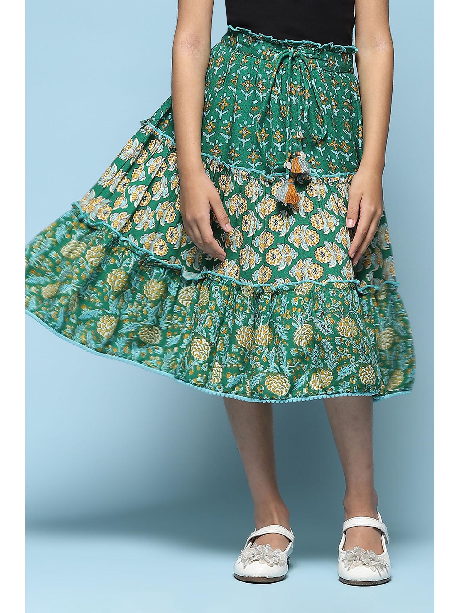 green doby printed midi skirt