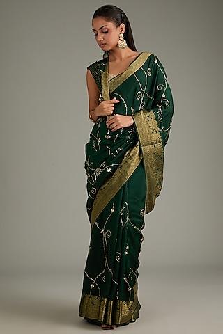 green dola silk hand embroidered banarasi saree set