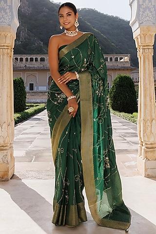 green dola silk hand embroidered shaded banarasi saree set