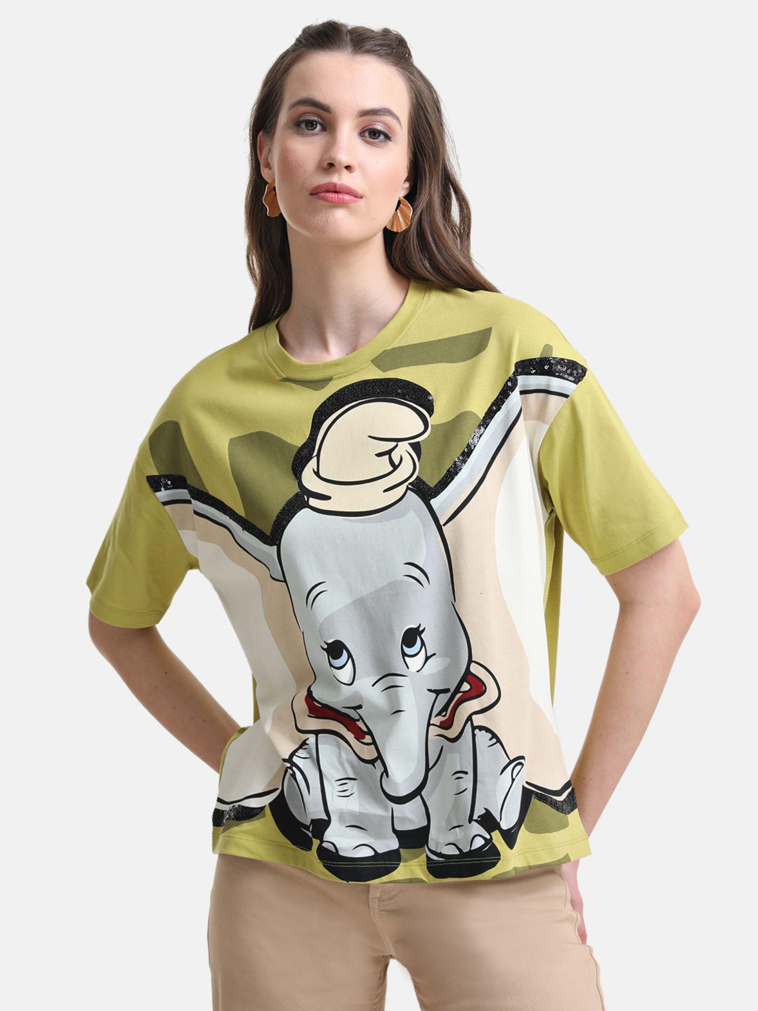 green dumbo disney printed t-shirt with sequin work